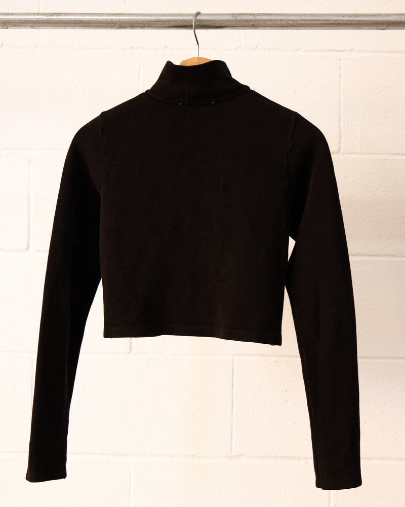 onyx ribbed knit cropped zip up mock neck